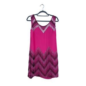 Milly Pink Sequin Chevron Shift Dress Size 2 Silk Sleeveless‎ Cocktail